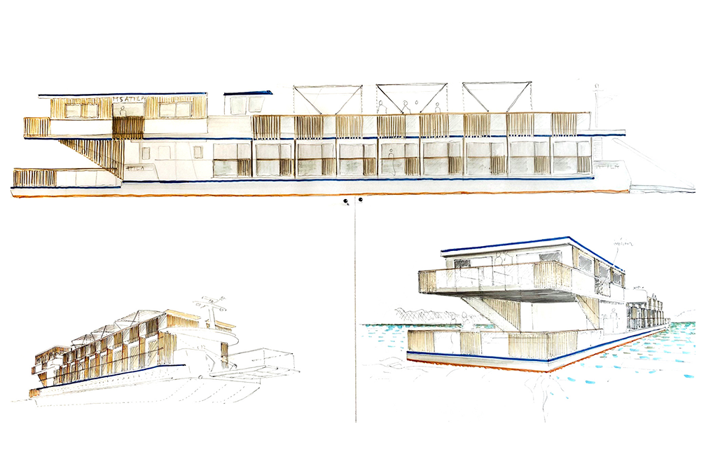 Designskizze des Boutique Boatel MS Attila von Atelier Oï