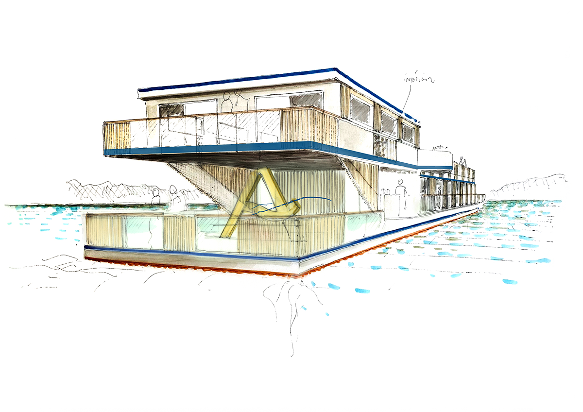 Designskizze des Boutique Boatel MS Attila von Atelier Oï