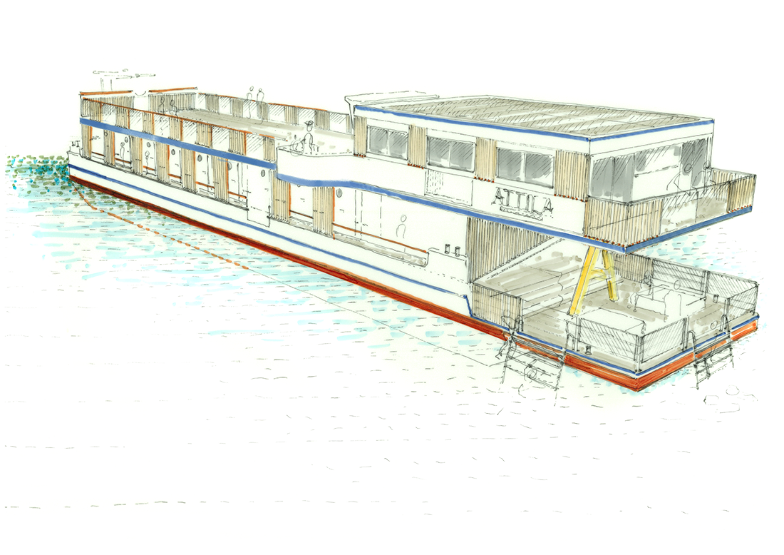 Designskizze des Boutique Boatel MS Attila von Atelier Oï